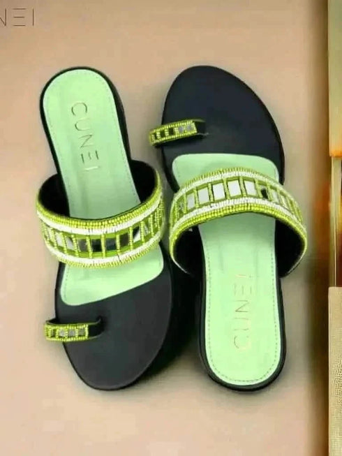 Womens Green Mirrored Beads Heels